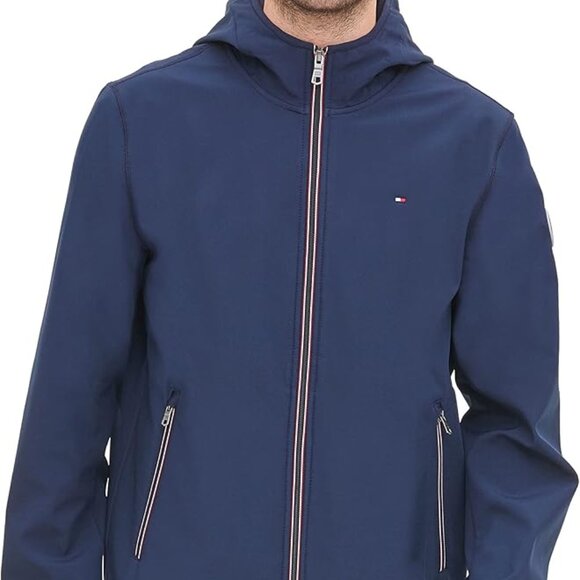 TOMMY HILFIGER MEN'S WATER/WIND RESISTANT BLUE NAVY HOODED JACKET SIZE LARGE - Picture 1 of 14